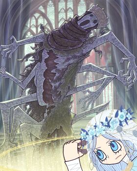 1girl 1other absurdres bibuo black_eyes blue_eyes blue_pupils casting_spell closed_mouth commentary_request crown elden_ring elden_ring_nightreign extra_arms head_wreath highres hollow_eyes indoors monster name_connection revenant_(elden_ring) royal_revenant_(elden_ring) white_hair