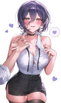 1boy 1girl bare_shoulders black_choker black_shorts blush breasts chainsaw_man choker cleavage collarbone collared_shirt commentary cowboy_shot denji_(chainsaw_man) green_eyes hair_between_eyes heart highres large_breasts looking_at_viewer medium_hair open_mouth pillo pov pov_hands purple_hair reze_(chainsaw_man) shirt shirt_tucked_in shorts side_slit simple_background smile solo_focus spoken_heart thighs white_background