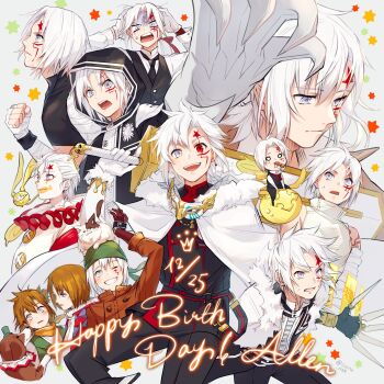 6+boys absurdres age_difference allen_(dog)_(d.gray-man) allen_walker animal animal_on_head antenna_hair bandaged_arm bandaged_hand bandages bare_shoulders belt birthday black_coat black_gloves black_jacket black_necktie black_order_uniform black_pants black_shirt black_vest black_wrist_cuffs blue_jacket blush brown_hair brown_jacket buttons cat cat_on_head checkered_clothes checkered_jacket claw_(weapon) clenched_hand clenched_teeth clown clown_makeup coat collared_shirt colored_extremities colored_skin creature cropped_shirt cross d.gray-man dango dog dress_shirt earrings emblem english_text facial_mark facing_to_the_side facing_viewer fingerless_gloves fingernails floating_earrings floating_jacket food food_in_mouth forehead_mark front_zipper fur-trimmed_jacket fur_trim giant_hand gloves gold_ring golem_(d.gray-man) green_hat green_ribbon green_star green_vest grey_background grey_eyes grin hair_between_eyes hair_ribbon hair_slicked_back hand_on_own_head hand_up happy_birthday hat heterochromia highres holding holding_sword holding_weapon hood hood_down hood_up hooded_coat hooded_jacket horns huge_weapon jacket jewelry light_smile long_hair looking_at_viewer looking_down looking_to_the_side looking_up low_ponytail male_focus mask messy_hair military military_uniform mini_person mitarashi_dango multicolored_jacket multiple_boys multiple_persona necktie on_creature on_head one_eye_closed open_clothes open_jacket open_mouth orange_scarf over_shoulder pants parted_lips ponytail red_eyes red_jacket red_ribbon red_star ribbon ribbon_around_head ring scar scar_across_eye scar_on_face scarf sharp_fingernails sharp_teeth shirt short_hair shoulder_tattoo sidelocks signature single_earring single_glove sleeveless sleeveless_shirt smile star_(symbol) star_facial_mark striped_clothes striped_coat striped_jacket striped_scarf surprised sweat sweatdrop sword sword_over_shoulder tail tattoo teeth timcanpy turtleneck turtleneck_shirt two-tone_jacket unworn_mask uzura-000 vertical-striped_clothes vertical-striped_coat vertical-striped_jacket vest wagashi weapon weapon_over_shoulder white_fur white_gloves white_hair white_jacket white_scarf white_shirt white_skin wings wrist_cuffs yellow_star zipper