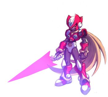 1boy absurdres alternate_design armor blonde_hair energy_sword full_body hashtag-only_commentary head_on_chest helmet hi-go! highres long_hair male_focus mega_man_(series) mega_man_x_(series) mega_man_zero_(series) omega_(mega_man) red_armor red_eyes red_helmet shoulder_armor simple_background solo sword weapon white_background z_saber