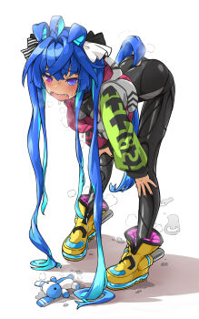 1girl @_@ ahoge animal_ears aqua_hair black_bodysuit blue_eyes blue_hair bodysuit boots bow brown_leggings coat crossed_bangs ear_covers heterochromia highres hood hooded_coat hoodie horse_ears horse_girl horse_tail leggings long_hair long_sleeves looking_at_viewer multicolored_coat multicolored_hair multicolored_hoodie open_mouth purple_eyes sharp_teeth solo striped_bow stuffed_animal stuffed_rabbit stuffed_toy sweat tail teeth twin_turbo_(blast_mode!_turbo_engine)_(umamusume) twin_turbo_(umamusume) twintails umamusume yellow_boots yingjian