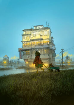 1girl blue_skirt blue_sky boots brown_bag brown_boots brown_hair coat commentary_request day highres hood hood_down medium_hair original outdoors power_lines red_coat scenery sign skirt sky socks solo striped_clothes striped_socks stuffed_animal stuffed_toy teddy_bear toy_wagon translation_request wagon water yoshida_seiji