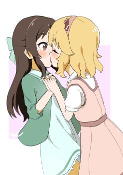 2girls aayh blonde_hair blue_dress blush bow brown_eyes brown_hair closed_eyes collared_shirt commentary_request dress french_kiss green_bow green_jacket hair_bow hairband idolmaster idolmaster_cinderella_girls jacket kiss long_hair multiple_girls pink_background pink_dress pink_hairband puffy_short_sleeves puffy_sleeves sakurai_momoka shirt short_sleeves signature surprise_kiss surprised tachibana_arisu two-tone_background very_long_hair white_background white_shirt yuri