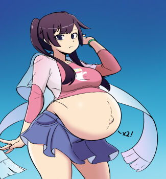 1girl absurdres belly big_belly breasts closed_mouth highres looking_at_viewer monogatari_(series) navel outie_navel owarimonogatari pregnant senjougahara_hitagi skirt solo tsukijitums wickedatlas