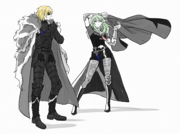 1boy 1girl alternate_hair_color armor black_armor blonde_hair boots breasts cape closed_mouth clothing_cutout contrapposto dagger dimitri_alexandre_blaiddyd dimitri_alexandre_blaiddyd_(timeskip) eyepatch female_byleth_(awakened)_(fire_emblem) female_byleth_(fire_emblem) fire_emblem fire_emblem:_three_houses green_eyes green_hair holding holding_jacket holding_unworn_clothes jacket knife lace_pantyhose long_hair medium_breasts navel_cutout nintendo official_alternate_hair_color pantyhose pantyhose_under_shorts qiqi_llin short_hair shorts simple_background spot_color standing unworn_jacket vambraces weapon white_background wind