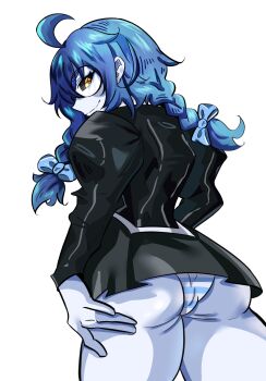 Rule 34 | 1girl, agent aika, aika (series), ass, back, black sclera, black skirt, blue hair, braid, cameltoe, colored sclera, cosplay, delmo, delmogeny uniform, glasses, highres, juliet sleeves, long sleeves, panties, pantyshot, puffy sleeves, skirt, socks agency, standing, striped clothes, striped panties, thighs, turning head, twin braids, underwear, yellow eyes, yomi quinnley