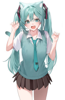 1girl absurdres animal_ears aqua_eyes aqua_hair aqua_sweater_vest cat_ears cat_tail claw_pose commentary_request dark_skin emduck fang green_necktie hatsune_miku highres kemonomimi_mode long_hair looking_at_viewer miniskirt necktie open_collar pleated_skirt school_uniform shirt short_sleeves simple_background skirt solo sweater_vest tail thighs twintails v-shaped_eyebrows very_long_hair vocaloid white_background white_shirt