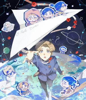 Rule 34 | 2girls, 6+boys, ?, badeni, beard, big dipper, black hair, black pants, blonde hair, blue eyes, blue jacket, braid, cassiopeia (constellation), character request, chi.: chikyuu no undou ni tsuite, chibi, commentary request, constellation, draka (chi.), earth (planet), eyepatch, facial hair, flying saucer, hair bun, highres, jacket, jolenta, light blush, long hair, looking up, multiple boys, multiple girls, nowak (chi.), oczy, open mouth, pants, paper airplane, planet, rafal (chi.), short hair, single braid, sitting, space, spacecraft, toramledak, ursa major (constellation)