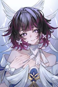 alternate_hair_length alternate_hairstyle bare_shoulders black_hair bow bright_pupils columbina_(genshin_impact) commentary dress genshin_impact grin hand_on_own_chest head_tilt head_wings highres inishie_no_tanaka looking_at_viewer multicolored_hair off-shoulder_dress off_shoulder purple_eyes purple_hair short_hair smile streaked_hair symbol-only_commentary upper_body white_bow white_pupils wings
