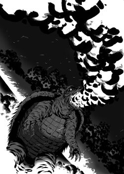 angeldust breath_weapon breathing_fire claws daiei_motion_picture embers energy fire gamera gamera,_the_giant_monster gamera_(series) giant giant_monster highres kaiju looking_at_viewer monochrome monster night no_humans open_mouth plasma sharp_teeth smoke teeth turtle tusks