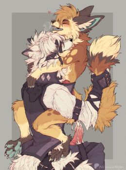 2boys after_anal animal_ears ascot biting biting_arm black_gloves black_pants black_vest blush claws closed_eyes commentary commentary_request commission completely_nude cum cum_on_body cum_on_penis ejaculation english_commentary eyepatch fangs fingerless_gloves fox_boy fox_ears fox_tail furry furry_male gloves heart highres male_focus multiple_boys nude open_mouth original pants partial_commentary pawpads penis red_ascot shirt tail tail_pull tatujapa vest von_lycaon white_shirt wolf_boy wolf_ears wolf_tail yaoi zenless_zone_zero