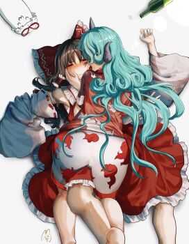 Rule 34 | 2girls, :3, absurdres, ass, blush, bottle, bow, brown hair, commentary request, curly hair, detached sleeves, frilled bow, frilled hair tubes, frilled skirt, frills, girl on top, green hair, hair bow, hair tubes, hakurei reimu, hat, hat ribbon, highres, horns, kariyushi shirt, komainu girl, komano aunn, licking, licking another's cheek, licking another's face, long hair, lying, mob cap, multiple girls, on back, red bow, red ribbon, red shirt, red skirt, ribbon, ribbon-trimmed sleeves, ribbon trim, shirt, short sleeves, shorts, single horn, skirt, skirt set, tongue, tongue out, touhou, very long hair, white hat, white shorts, yakumo yukari, yukine 0930, yuri