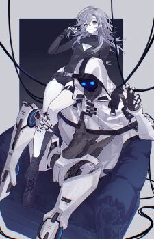 Rule 34 | 1girl, 1other, absurdres, black background, black leotard, black shoes, black socks, blue eyes, border, breasts, cable, chair, cleavage, clothing cutout, commentary, connie (expuella), frown, full body, gradient background, grey border, grey eyes, grey hair, highleg, highleg leotard, highres, hip vent, humanoid robot, leotard, long sleeves, looking at viewer, mao (expuella), medium hair, original, robot, shoes, shrug (clothing), sidelocks, sitting on shoulder, skindentation, sleeves past wrists, small breasts, smile, socks, symbol-only commentary, thigh strap