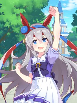 1girl absurdres animal_ears artist_request back_bow bare_arms blue_bow blue_bowtie blue_hairband blue_headband blue_shirt blue_sky bow bowtie brooch clenched_hands cloud collarbone cowboy_shot day dot_nose fang fingernails fist_pump flat_chest frilled_skirt frills game_cg grey_hair hair_between_eyes hair_ornament hairband headband high-waist_skirt highres horse_ears horse_girl horseshoe jewelry lamppost light_blush long_hair miniskirt official_art open_mouth outdoors path pleated_skirt puffy_short_sleeves puffy_sleeves red_headband road school school_uniform shirt short_sleeves skirt sky smile solo sphere_hair_ornament standing tamamo_cross_(umamusume) tracen_academy tracen_school_uniform tree two-tone_headband two-tone_shirt umamusume v-shaped_eyebrows very_long_hair white_shirt white_skirt