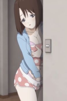 1girl aneki_no_kounai_kaikinbi blush bra bra_peek breasts brown_hair cleavage flustered grabbing_own_breast grey_eyes half-closed_eyes highres hirose_anna in_heat jacket large_breasts legs looking_at_viewer masturbation midriff navel open_clothes open_jacket panties_under_shorts parted_lips pink_lips short_hair shorts solo stitched thighs third-party_edit tongue underwear