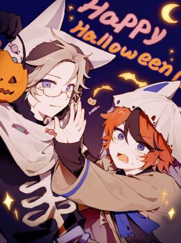 2boys absurdres animal_ear_hood aotsuki_eito black_gloves black_shirt black_streaks blue_background blue_eyes brown_jacket bucket candy chinese_commentary commentary_request crescent_moon fake_animal_ears fang food glasses gloves gradient_background grey_hair gryzo halloween halloween_bucket halloween_costume happy_halloween highres holding holding_bucket hood hood_up jacket looking_at_another looking_at_object male_focus moon multicolored_hair multiple_boys open_mouth purple_eyes red_background red_hair scarf shirt short_hair streaked_hair sumino_takumi sweat the_hundred_line_-last_defense_academy- variant_set white_scarf wrapped_candy