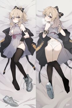 1girl :o absurdres arm_bow arm_ribbon artist_name ass bare_shoulders bed bed_sheet black_bow black_bowtie black_jacket black_leggings black_pantyhose blonde_hair blush bow bowtie breasts brown_eyes cleavage clothes_lift clothes_pull collared_dress dress dress_lift embarrassed feet female_focus fingerless_gloves full_body gloves grey_dress hair_between_eyes hair_bow hair_ornament hair_ribbon high_ponytail highres jacket leggings leggings_pull long_hair looking_at_another looking_back looking_to_the_side lying medium_breasts multiple_views off_shoulder on_back on_bed open_clothes open_dress open_mouth original panties pantyhose pantyhose_pull ponytail red_ribbon retri ribbon shoe_dangle shoelaces shoes sidelocks sleeveless sleeveless_dress solo_focus striped_bow sweat sweatdrop thigh_gap thighs underwear white_panties wristband