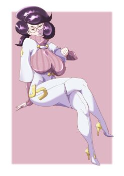 1girl anddeath_07 big_hair boots border breasts buttons capelet crossed_legs glasses green_eyes grin half-closed_eyes hand_on_ground hand_up high-waist_skirt high_heel_boots high_heels highres large_breasts long_sleeves medium_skirt nintendo pencil_skirt pink-framed_eyewear pink_background pink_sweater pokemon pokemon_sm purple_hair ribbed_sweater short_hair skirt smile solo sweater sweater_guard thigh_boots turtleneck turtleneck_sweater white_boots white_border white_capelet white_skirt wicke_(pokemon)