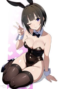 1girl alternate_breast_size_(larger) animal_ear_hairband animal_ears black_bow black_bowtie black_hair black_leotard black_thighhighs blunt_bangs bow bowtie breasts cleavage commission covered_navel detached_collar fake_animal_ears gradient_background hairband heart heart_background high_heels highres idolmaster idolmaster_cinderella_girls large_breasts leotard nagare_(flow) one_eye_closed playboy_bunny purple_eyes rabbit_ears rabbit_tail shirayuki_chiyo short_hair sitting skeb_commission skindentation smile solo split_mouth strapless strapless_leotard tail thighhighs v white_background wrist_cuffs yokozuwari