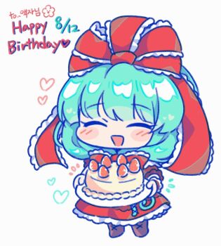 1girl birthday_cake bow cake dress food frilled_dress frills front_ponytail green_hair happy_birthday holding holding_cake holding_food kagiyama_hina kaoling red_bow red_dress red_ribbon ribbon smile solo touhou