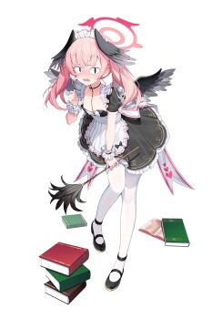 1girl absurdres alternate_costume apron black_dress black_shoes black_wings blue_archive book censored commentary dress duster embarrassed enmaided feather_duster feathered_wings frilled_apron frilled_dress frilled_hairband frills full_body hairband halo head_wings highres holding holding_duster koharu_(blue_archive) long_hair looking_at_viewer maid maid_apron maid_headdress mary_janes mosaic_censoring pantyhose parted_lips pink_hair scrunchie shoes short_sleeves simple_background slit_pupils solo standing twintails wavy_mouth white_apron white_background white_headdress white_pantyhose wings wrist_scrunchie yuri_(chocho_q)