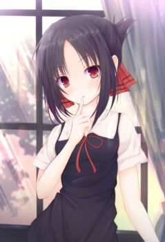 Rule 34 | 1girl, absurdres, black dress, black hair, commentary request, dress, finger to mouth, folded ponytail, hair ribbon, highres, kaguya-sama wa kokurasetai ~tensai-tachi no renai zunousen~, looking at viewer, mimi (rasy5002), neck ribbon, parted bangs, pinafore dress, red eyes, red ribbon, ribbon, school uniform, shinomiya kaguya, shirt, short sleeves, shuuchiin academy school uniform, sleeveless, sleeveless dress, solo, white shirt, window