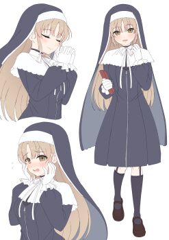 Rule 34 | 1girl, absurdres, black boots, black choker, black robe, blush, book, boots, brown eyes, brown hair, choker, closed mouth, commentary request, embarrassed, frown, full body, gloves, hands on own cheeks, hands on own face, headpiece, highres, holding, holding book, long hair, looking at viewer, nijisanji, norigure18, open mouth, own hands together, praying, robe, simple background, sister claire, sister claire (1st costume), standing, virtual youtuber, white background, white gloves