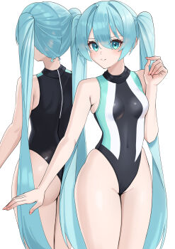 1girl absurdres amaama_(beccyonaika1) aqua_eyes aqua_hair breasts commentary competition_swimsuit covered_navel hatsune_miku highleg highleg_one-piece_swimsuit highres looking_at_viewer one-piece_swimsuit reflection simple_background solo standing swimsuit twintails vocaloid white_background