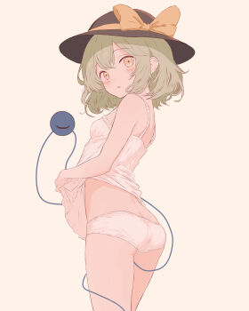 1girl absurdres ass black_hat blush bow breasts camisole commentary_request cowboy_shot grey_hair hat hat_bow highres iris-san komeiji_koishi looking_at_viewer looking_back panties short_hair simple_background small_breasts solo third_eye touhou underwear underwear_only white_camisole white_panties yellow_bow yellow_eyes