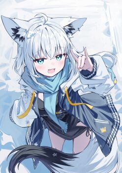 1girl absurdres ahoge alternate_costume animal_ear_fluff animal_ear_piercing animal_ears aqua_eyes aqua_scarf black_shirt blush commentary deaver fox_ears fox_girl fox_shadow_puppet fox_tail highres hololive jacket leaning_forward long_hair long_sleeves looking_at_viewer open_mouth pentagram scarf shirakami_fubuki shirt smile snow snow_on_head solo tail virtual_youtuber white_hair white_jacket