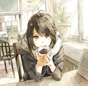 1girl ahoge black_coat black_hair brown_eyes brown_hair cafe ceiling_light closed_mouth coat coffee cup day drink drinking elbows_on_table eyelashes fringe_trim holding holding_cup holding_drink indoors kujyoo_haruki long_sleeves looking_at_viewer menu mug original pink_skirt plant pleated_skirt potted_plant scarf short_hair skirt solo swept_bangs tile_floor tiles upper_body white_scarf window