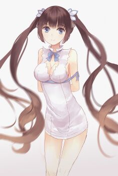 Rule 34 | 1girl, arms behind back, bad id, bad pixiv id, blue eyes, blue ribbon, blunt bangs, blurry, blurry foreground, breasts, brown hair, cleavage, dress, dungeon ni deai wo motomeru no wa machigatteiru darou ka, female focus, floating hair, hair ornament, hestia (danmachi), highres, long hair, medium breasts, mongarit, neck ribbon, rei no himo, ribbon, short dress, sideboob, simple background, sleeveless, sleeveless dress, smile, solo, standing, very long hair, white background, white dress