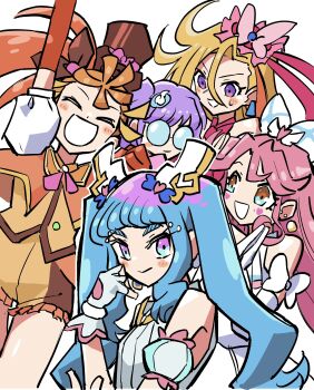 5girls :d absurdres arm_up black_hat black_ribbon blonde_hair blue_hair bow brooch brown_hair butterfly_hat_ornament chieo closed_mouth cosplay cure_butterfly cure_butterfly_(cosplay) cure_coral cure_flamingo cure_la_mer cure_majesty cure_majesty_(cosplay) cure_papaya cure_prism cure_prism_(cosplay) cure_sky cure_sky_(cosplay) cure_summer cure_wink cure_wink_(cosplay) dress earrings elbow_gloves facial_mark fingerless_gloves frilled_shorts frills glasses glove_bow gloves hair_bow hair_ornament hair_ribbon hat hat_ornament heart highres hirogaru_sky!_precure ichinose_minori jacket jewelry laura_la_mer long_hair looking_at_another looking_at_viewer mob_cap multicolored_eyes multicolored_hair multiple_girls natsuumi_manatsu opaque_glasses open_mouth orange_gloves orange_jacket orange_shorts orange_vest own_hands_together pink_hair pink_shirt precure puffy_short_sleeves puffy_sleeves purple_eyes purple_hair ribbon round_eyewear shirt short_shorts short_sleeves shorts side_ponytail sleeveless sleeveless_dress smile suzumura_sango sweatdrop takizawa_asuka tilted_headwear top_hat tropical-rouge!_precure twintails two-tone_hair two_side_up vest white_background white_bow white_gloves wing_brooch wing_hair_ornament