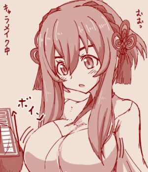 1girl :o attribute_slider beige_background breast_expansion breast_slider breasts gundam gundam_build_divers gundam_build_divers_re:rise holographic_monitor large_breasts light_blush looking_down lowres monochrome mukai_hinata open_mouth pochiiru_(uowou) short_hair short_hair_with_long_locks solo surprised upper_body