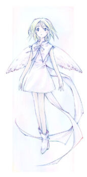 1girl ahoge ankle_boots archived_source arms_at_sides bare_arms blonde_hair blue_eyes blush boots capelet collared_capelet dress facing_viewer floating_clothes full_body high_collar impasto legs_together looking_up medium_hair open_hands original pale_color photoshop_(medium) ribbon shadow short_dress simple_background solo straight_hair takano_otohiko white_background white_boots white_capelet white_dress white_ribbon white_theme