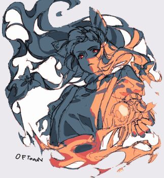 1girl artist_name bow closed_mouth collared_shirt fire floating_hair fujiwara_no_mokou hair_bow highres limited_palette long_hair looking_at_viewer oftooon shirt signature solo suspenders touhou very_long_hair