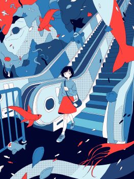 1girl absurdres bag black_hair blob blue_theme escalator fish full_body handbag highres limited_palette long_sleeves mitsuki_sanagi original red_skirt short_hair skirt solo sweater walking wide_shot