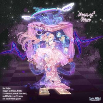 1girl ace_(miracle_nikki) artist_request black_gloves bobo_(miracle_nikki) bracelet brown_eyes cable cat cellphone checkered_floor chibi cube debbie_(miracle_nikki) dot_nose dress electricity floating_hair floral_background flower frilled_dress frills full_body giving gloves hair_between_eyes hair_ornament heart heart_hair_ornament holding holding_phone holographic_monitor jewelry kimi_(miracle_nikki) knees light_blush long_hair miracle_nikki momo_(nikki) neon_of_time_(miracle_nikki) nikki_(nikki) nikki_(series) object_floating_above_hand off-shoulder_dress off_shoulder official_art one_eye_closed open_mouth phone pink_dress pink_hair print_dress purple_flower radio science_fiction short_sleeves sidelocks sitting smartphone solo space sparkle third-party_source train_(clothing) very_long_hair