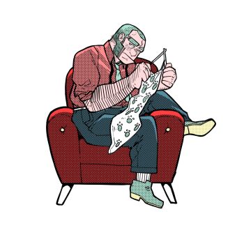 1boy animal_hands belt blue_necktie blue_pants blue_shoes cat_paws closed_mouth commentary couch dress_shirt dress_shoes english_commentary full_body grey_hair grgxrt halftone highres knitting long_sideburns long_sleeves looking_at_viewer male_focus mature_male necktie on_couch original pants receding_hairline red_shirt shirt shoes short_hair sideburns simple_background sitting sleeves_rolled_up socks solo suspenders thick_eyebrows very_short_hair white_background white_belt white_socks