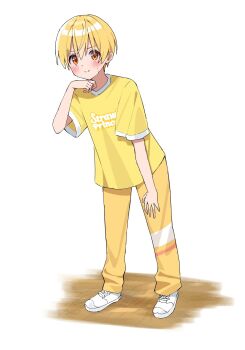 1boy blonde_hair blush closed_mouth clothes_writing commentary full_body hair_between_eyes hand_on_own_leg highres kai_(shell) male_focus orange_eyes pants root_(stpri) shirt shoes short_hair short_sleeves simple_background smile solo strawberry_prince sweat symbol-only_commentary white_background white_shoes wiping_sweat yellow_pants yellow_shirt