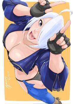 1girl angel_(kof) ass blue_eyes boots breasts butt_crack cleavage curvy female_focus gloves hands_up huge_ass huge_breasts large_breasts leather looking_at_viewer pale_skin short_hair skyman014 smile smiley_face standing the_king_of_fighters thick_thighs thighs tongue tongue_out white_hair wide_hips