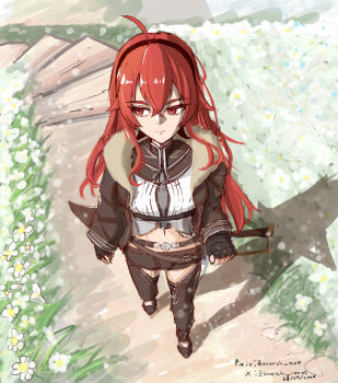 1girl absurdres ahoge arciel_(nijuyon_zen) field fingerless_gloves flower flower_field from_above fur-trimmed_jacket fur_trim gloves hand_on_hilt highres jacket looking_to_the_side midriff mushoku_tensei path red_eyes red_hair road shadow sheath sheathed solo tiara white_flower