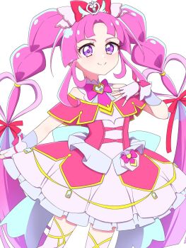 Rule 34 | 1girl, back bow, bare shoulders, blue bow, blunt bangs, blush, bow, braid, brooch, buttons, capelet, closed mouth, commentary, cowboy shot, cure mystic, dot nose, dress, fingerless gloves, glove bow, gloves, hair bow, hair ornament, hand on own chest, heart, heart brooch, heart hair ornament, heart in eye, highres, impossible hair, jewelry, kobayashi mikuru, layered dress, long hair, looking at viewer, magical girl, medium dress, meitantei precure!, off-shoulder dress, off shoulder, pact holder, parted bangs, pink bow, pink capelet, pink dress, pink gloves, pink hair, pleated dress, pouch, precure, purple eyes, red bow, sidelocks, simple background, smile, solo, split mouth, standing, symbol in eye, thighhighs, twin braids, twitter username, very long hair, white background, white thighhighs, yunapi79