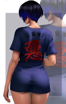 1girl ass black_hair blue_hair blue_shirt bottomless clothes_writing commentary highres kittymiya looking_to_the_side multicolored_hair nape reina_(tekken) shirt short_hair tekken tekken_8 thighs