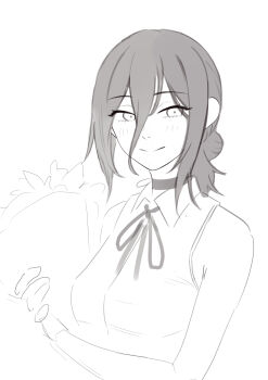 1girl absurdres bouquet cel_da_lin chainsaw_man choker closed_mouth collared_shirt flower hair_between_eyes hair_bun highres holding holding_bouquet looking_at_viewer medium_hair neck_ribbon reze_(chainsaw_man) ribbon shirt sleeveless sleeveless_shirt smile solo