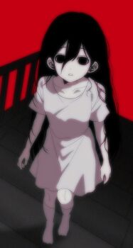1girl arms_at_sides bare_arms breasts chromatic_aberration collarbone dot_nose double-parted_bangs dress empty_eyes film_grain from_above full_body greyscale_with_colored_background hair_behind_ear hair_between_eyes highres kneehighs long_hair looking_at_viewer mari_(faraway)_(omori) mari_(omori) medium_dress my_loleeta no_pupils no_shoes omori parted_lips red_background short_sleeves simple_background small_breasts socks solo spoilers stairs standing strangulation_mark very_long_hair walking