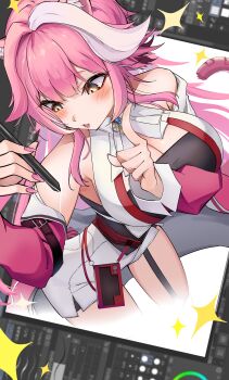 1girl absurdres animal_ear_fluff animal_ears black_garter_straps black_tube_top breasts cat_ears cat_girl cat_tail cleavage garter_straps highres holding holding_stylus hololive hololive_english jacket large_breasts long_hair looking_at_viewer multicolored_hair na_nu_017 nail_polish pink_hair pink_jacket pink_nails raora_panthera raora_panthera_(1st_costume) smile solo strapless streaked_hair stylus tail through_medium through_screen tube_top very_long_hair vest virtual_youtuber white_streaks white_vest yellow_eyes