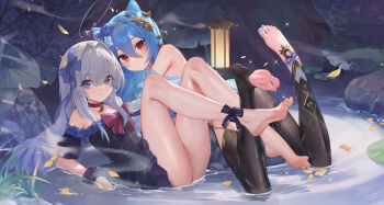 2girls absurdres barefoot blue_eyes blue_hair far_side feet grey_hair highres long_hair looking_at_viewer multiple_girls red_eyes smile soles toeless_legwear toes water