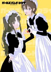 Rule 34 | 2girls, apron, awa subaru, black dress, black hair, blue eyes, brown hair, closed mouth, commentary, copyright name, dress, girls band cry, hashtag-only commentary, heart, heart hands, heart hands duo, heart in heart hands, highres, iseri nina, long hair, long sleeves, looking at viewer, maid, maid apron, maid headdress, multiple girls, purple eyes, smile, white apron, white headdress, wigfire, yellow background