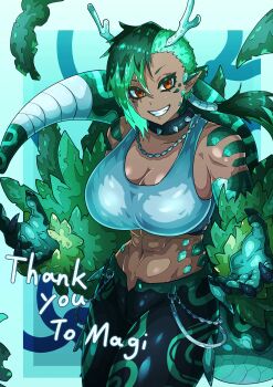 Rule 34 | 1girl, abs, absurdres, aqua scales, aqua theme, asymmetrical hair, bandaged tail, breasts, brown eyes, chain, chain necklace, claws, cleavage, collar, commentary, commission, commissioner name, cowboy shot, dark-skinned female, dark skin, dragon girl, dragon horns, dragon tail, feathers, green feathers, green hair, green scales, green tail, grey sports bra, grin, highres, hkdd99, horns, jewelry, large breasts, long hair, mallie (lone magi), navel, necklace, open fly, original, pants, pointy ears, skeb commission, smile, solo, spiked collar, spikes, sports bra, tail, thank you, toned, toned female, tsurime, undercut